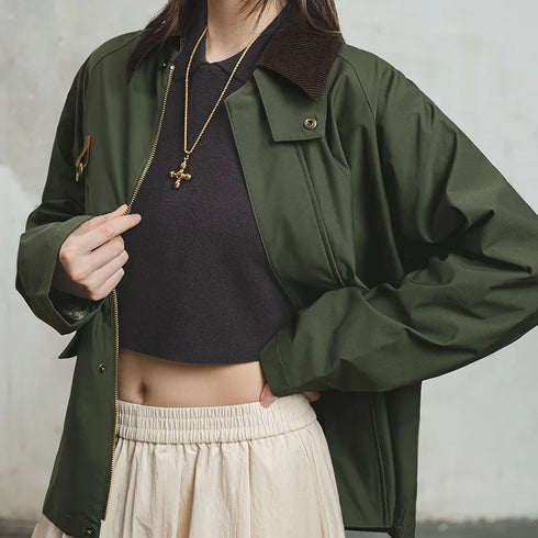 Retro Women's Corduroy Patchwork Jacket – Green Casual Lapel Hunting Style Spring Outerwear with Zipper
